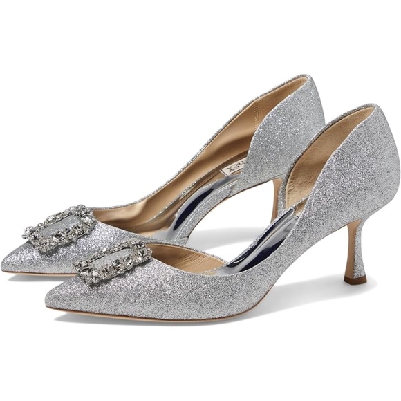 Badgley Mischka Fabia II Kitten Heels Crystal Buckle Pointed Toe Silver Shoes 7 - Picture 8 of 16